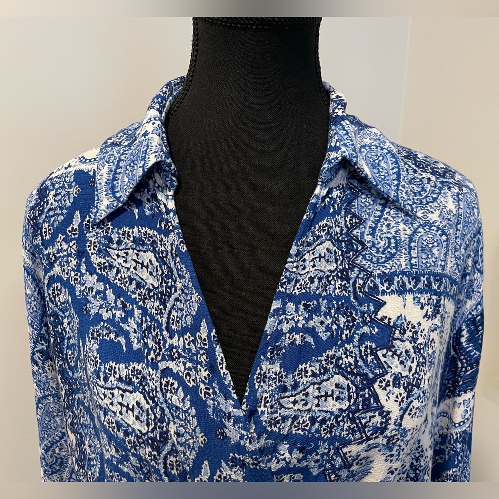 Never Worn! Zara Blue & White Long Sleeve Paisley Print Faux Wrap Crop Top - Picture 5 of 15